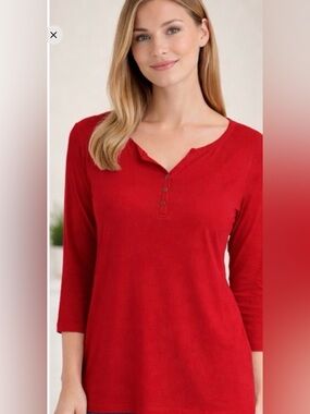 Karen Scott Red Henley Top Size L 3/4 Sleeve Casual Basic